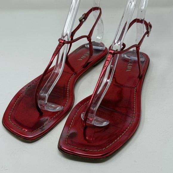 Prada Shoes - Prada Capretto Thong Leather Sandals Metallic Pinkish Red Size 7.5 (EU 38)